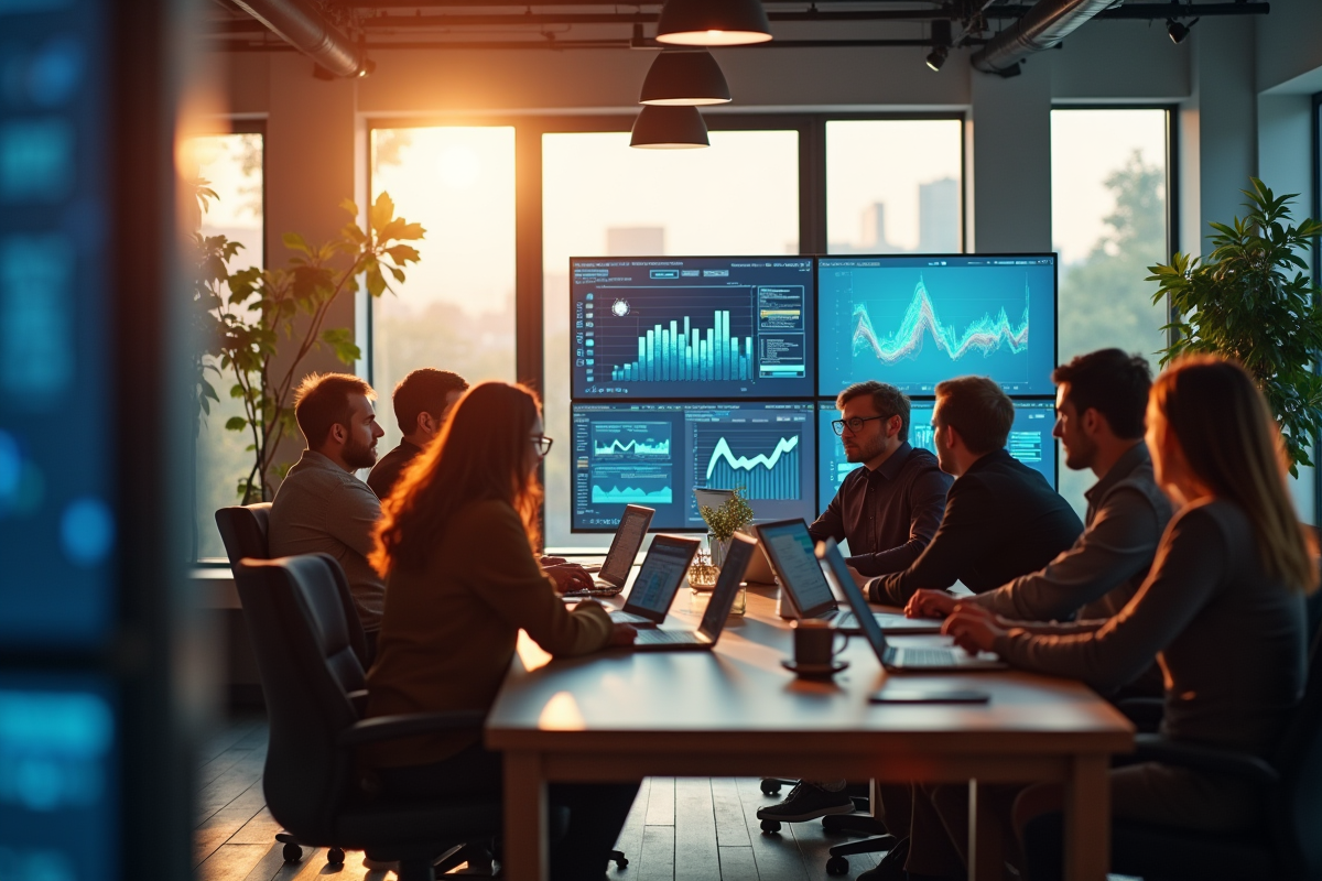 Espace coworking moderne avec professionnels analysant des données