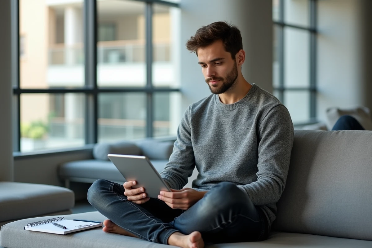 Étudiant en droit prenant des notes depuis le site Societehistoiredudroit.fr sur une tablette dans un espace de travail universitaire moderne