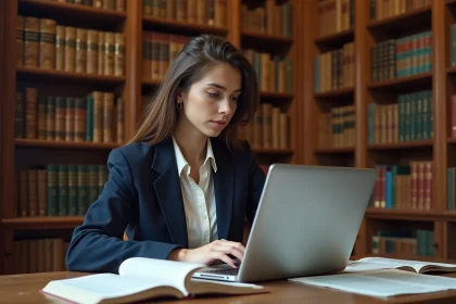 Étudiante en droit consultant le site Societehistoiredudroit.fr sur un ordinateur portable dans une bibliothèque universitaire