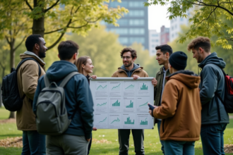 Groupe d'étudiants en écologie dans un parc urbain