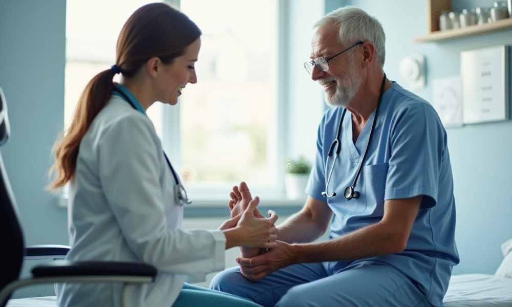 Senior lors d'un examen médical du pied par un professionnel