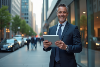 Homme d'affaires en costume dans une ville moderne avec tablette