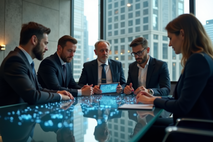 Groupe d'executifs analysant un diagramme blockchain en réunion