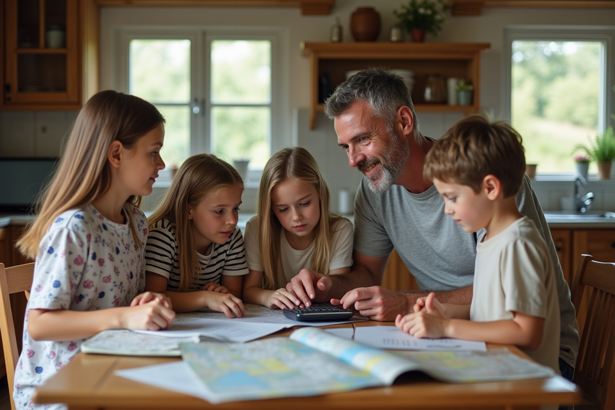 Famille organisant vacances dans une cuisine chaleureuse