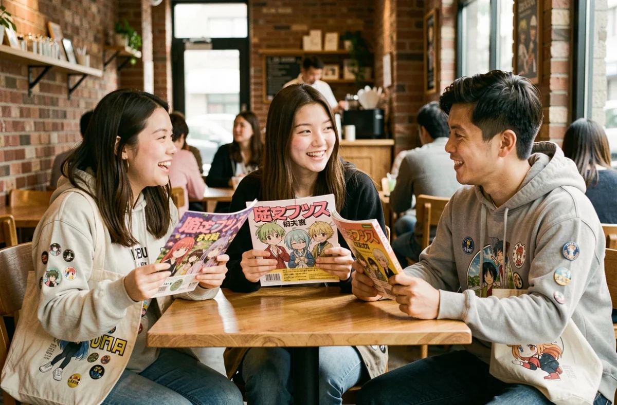 Groupe de fans d'anime discutant d'une adaptation manga autour d'un café avec des illustrations de fan art