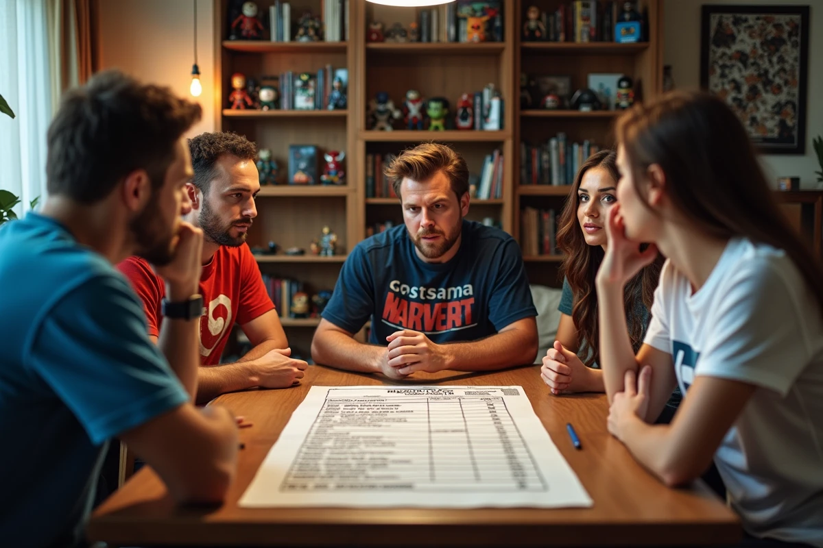 Groupe de fans Marvel discutant autour d'une table