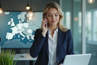 Femme d'affaires au bureau avec carte virtuelle Europe
