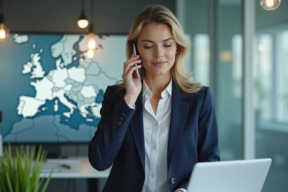 Femme d'affaires au bureau avec carte virtuelle Europe