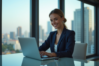 Femme d'affaires en costume bleu dans un bureau moderne
