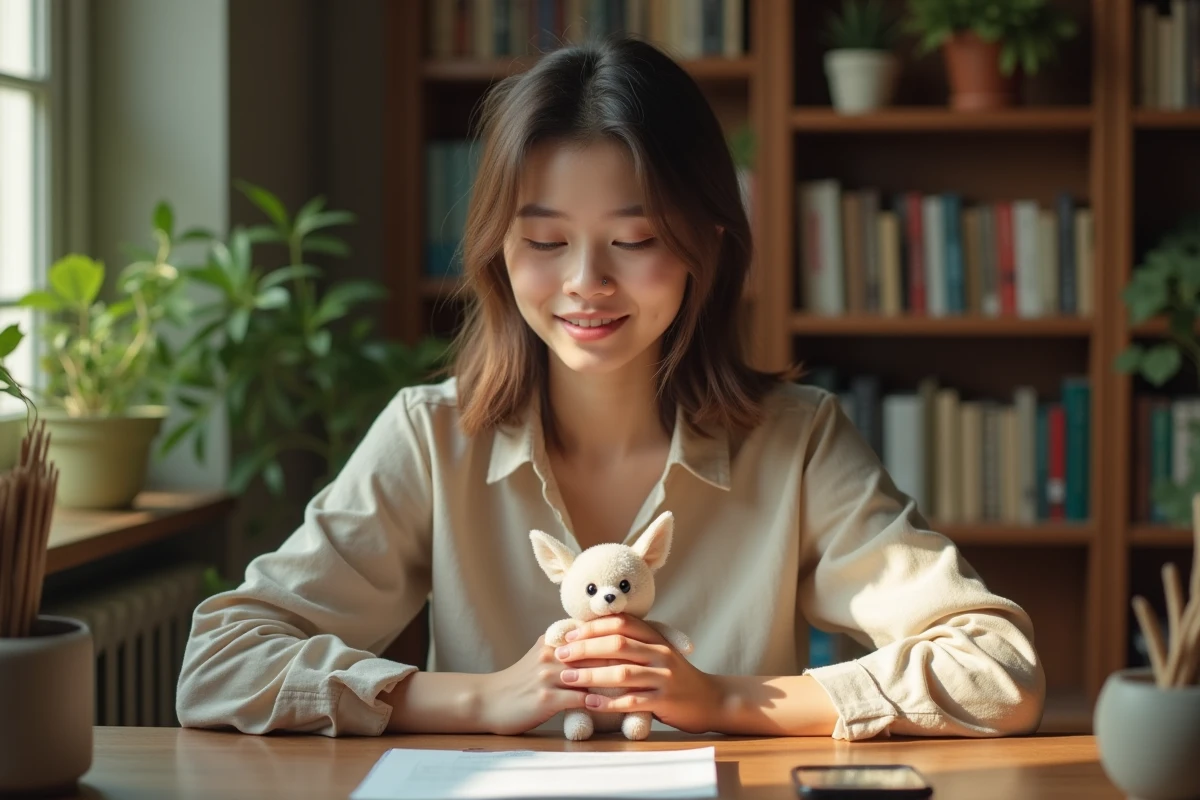 Une femme examine attentivement le personnage Tchoupie pour analyser les détails physiques qui révèlent de quel animal il s'inspire