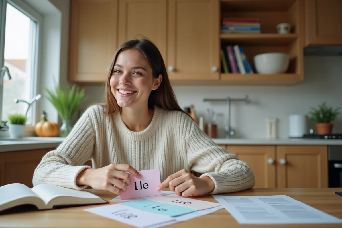 Jeune femme lisant des cartes de français à la maison