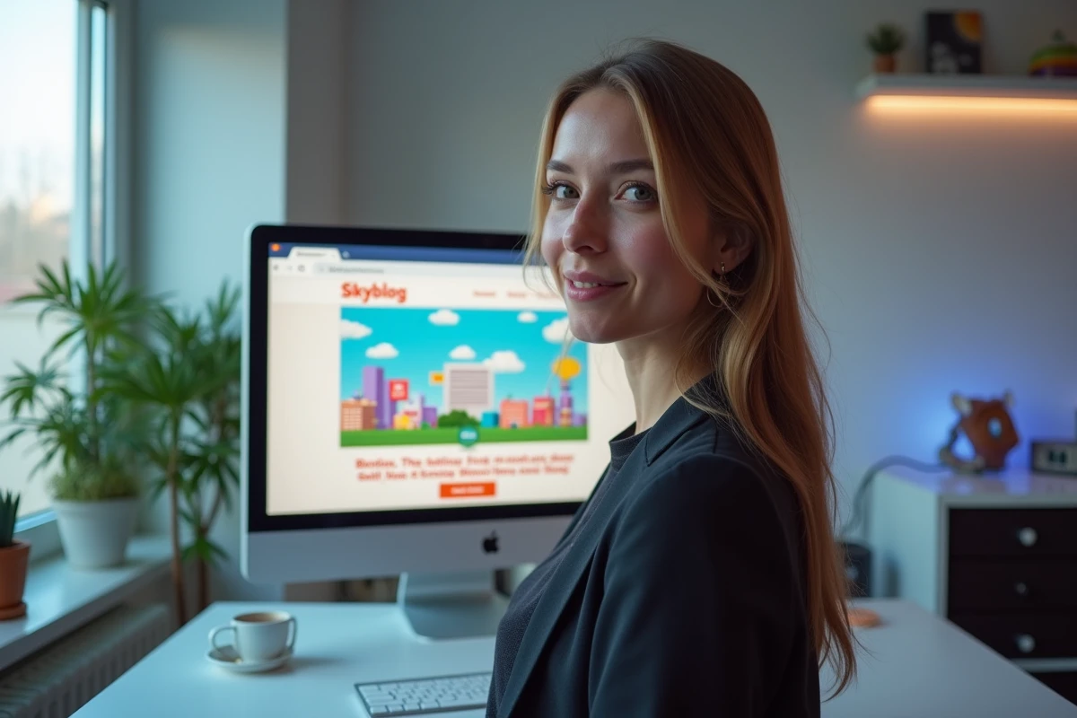 Une femme dans la trentaine redécouvre avec amusement une archive d'un Skyblog des années 2000 sur grand écran dans un bureau moderne