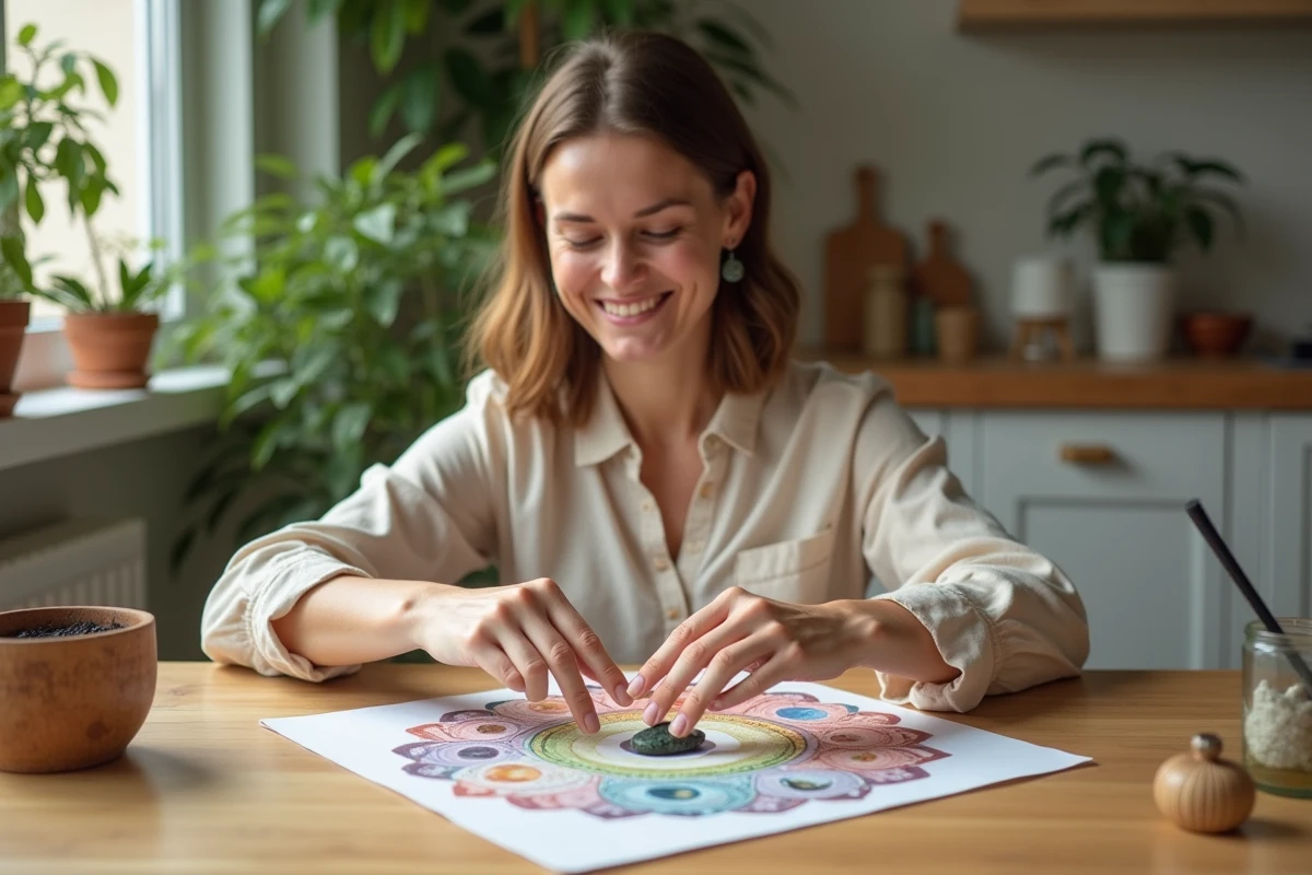 Femme souriante arrangeant des pierres de chakra sur un tableau