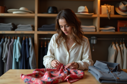 Femme examinant une echarpe en soie dans une boutique élégante