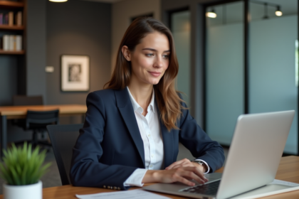 Femme confiante en bureau moderne pour article design