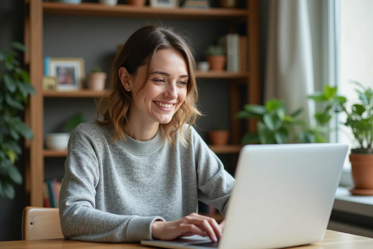 Femme souriante travaillant sur son ordinateur à la maison