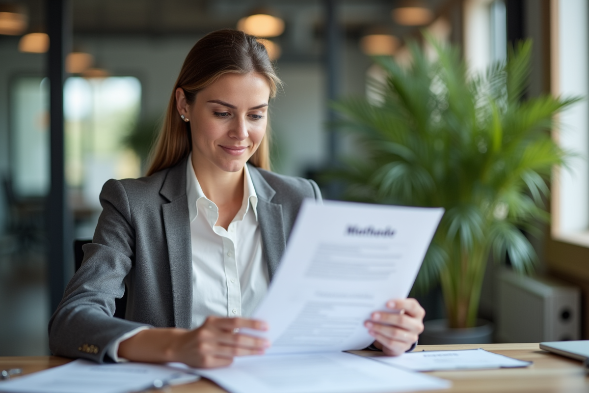 Femme professionnelle en bureau avec document Method 3CL