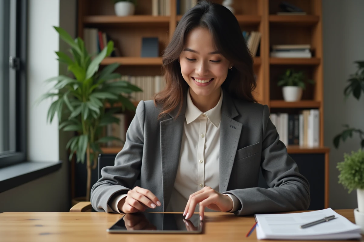 Jeune femme au bureau utilisant une tablette