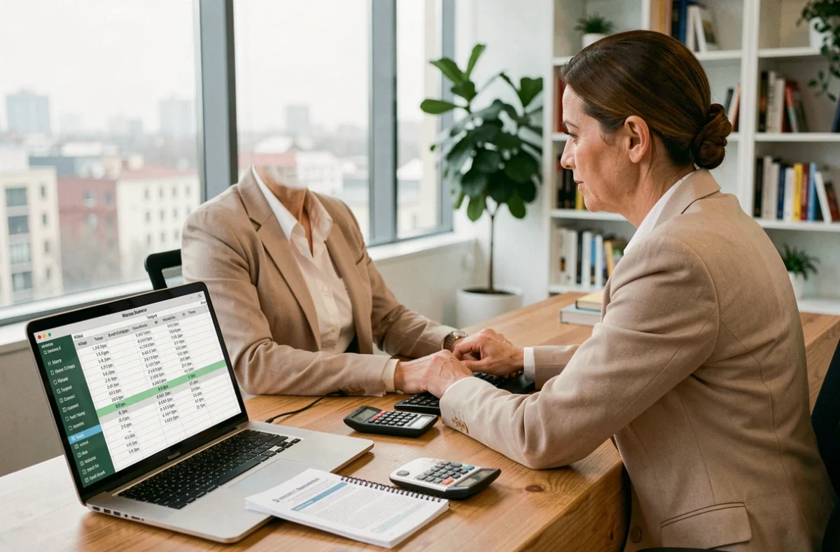 Femme travaillant sur un tableur de conversion kilogrammes en tonnes dans un bureau moderne