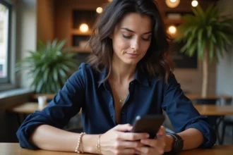 Femme assise au café avec smartphone en main