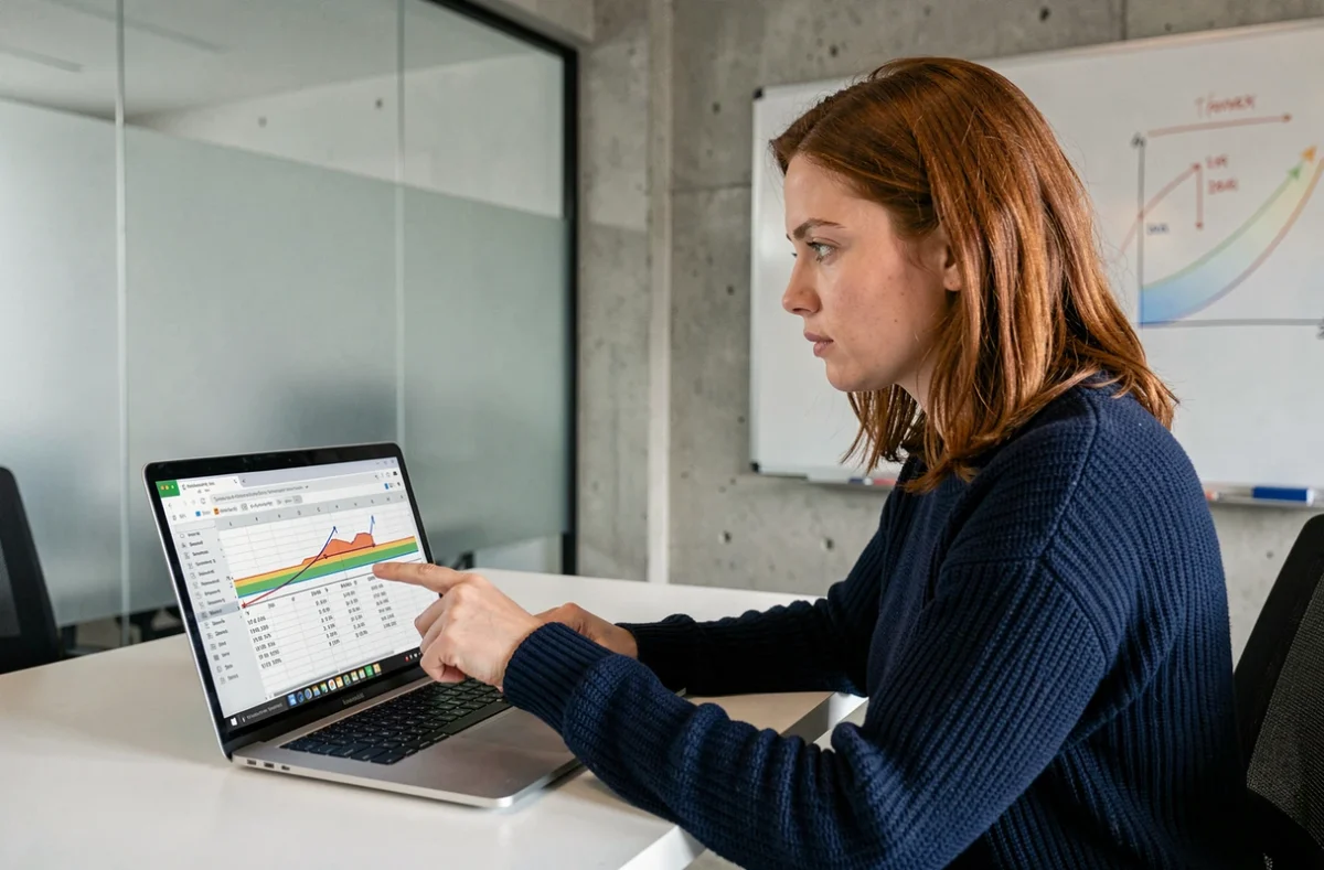 Femme devant un ordinateur portable affichant un tableau de conversion de degrés en pourcentage dans un bureau moderne