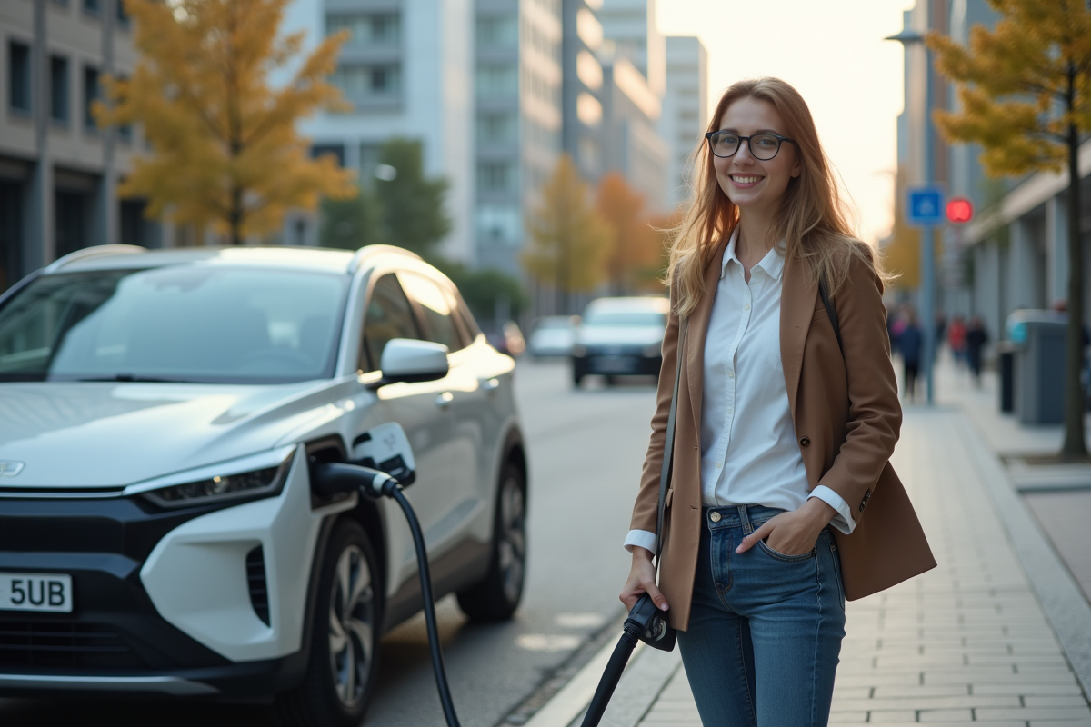 Jeune femme débranchant sa voiture électrique dans la ville