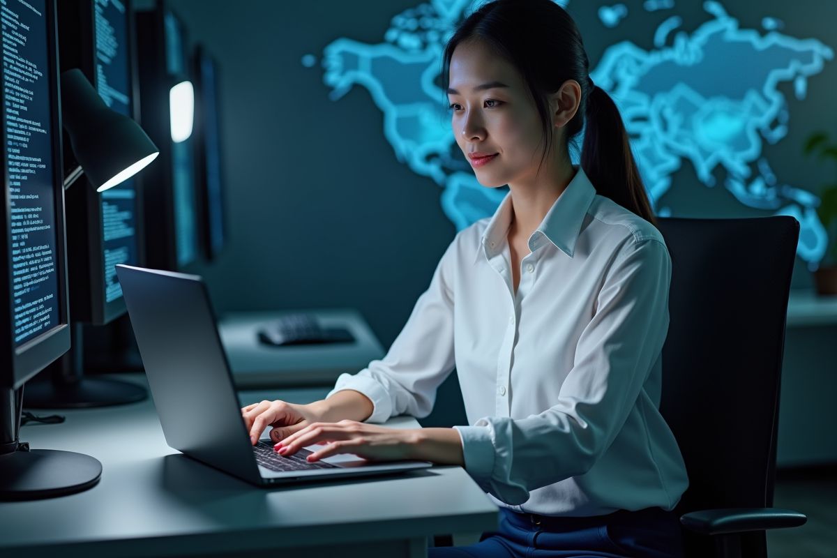 Jeune femme codant sur son ordinateur dans un espace blockchain