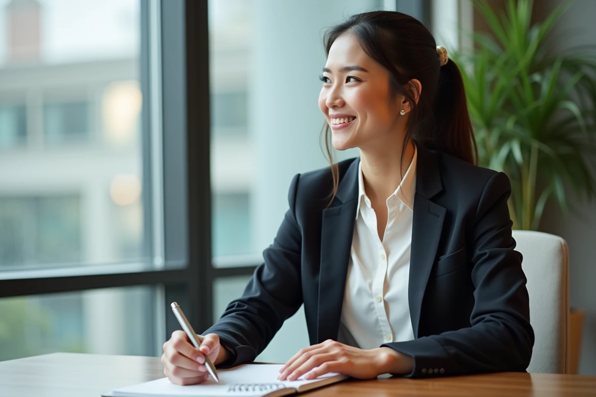 Femme confiante en bureau avec carnet et stylo