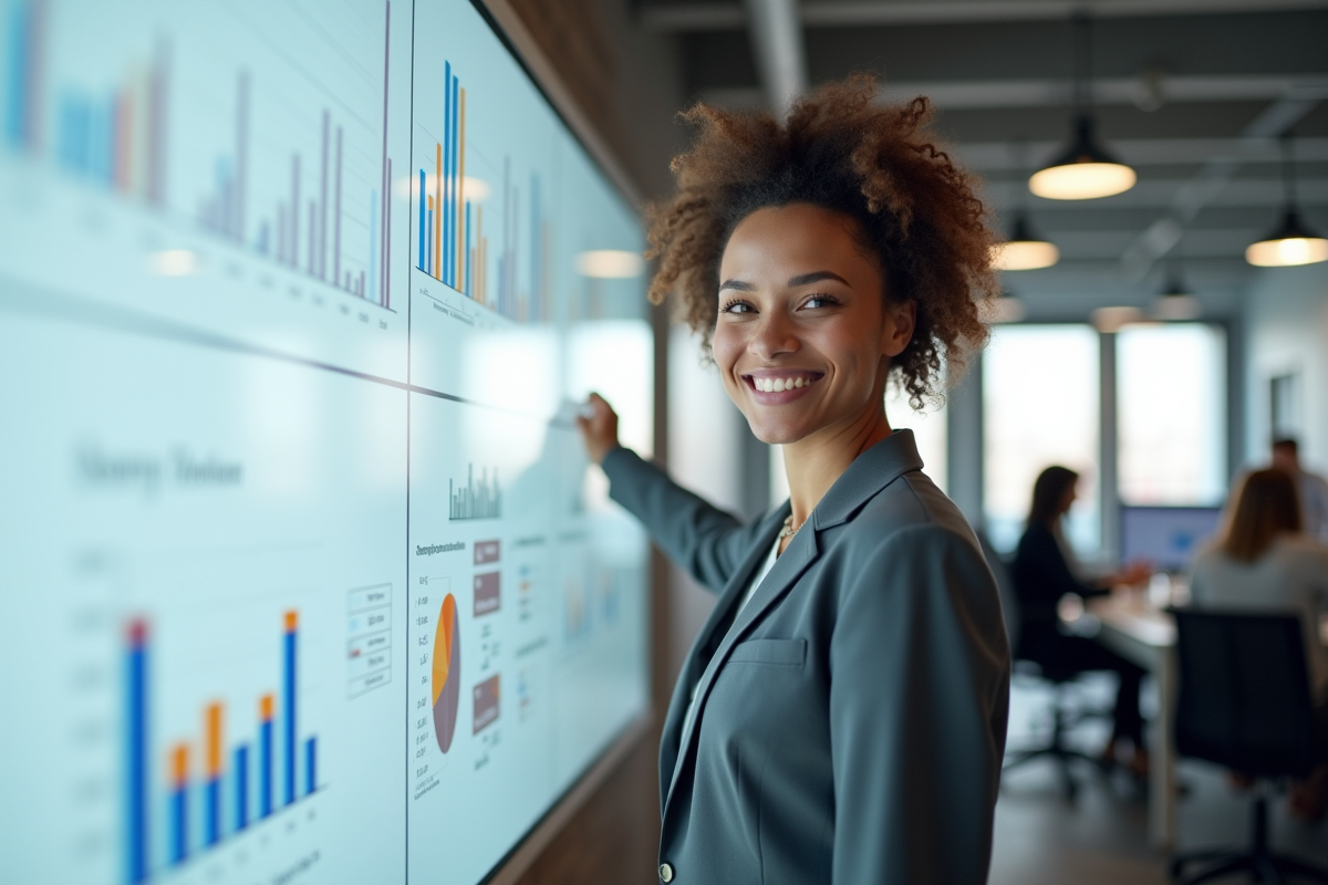 Femme confiante devant un tableau strategique en equipe