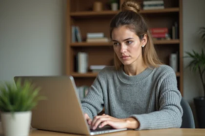 Femme consultant des avis en ligne sur un site de notation depuis son bureau à domicile