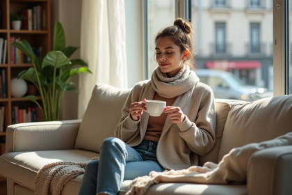 Jeune femme détendue dans un salon lumineux