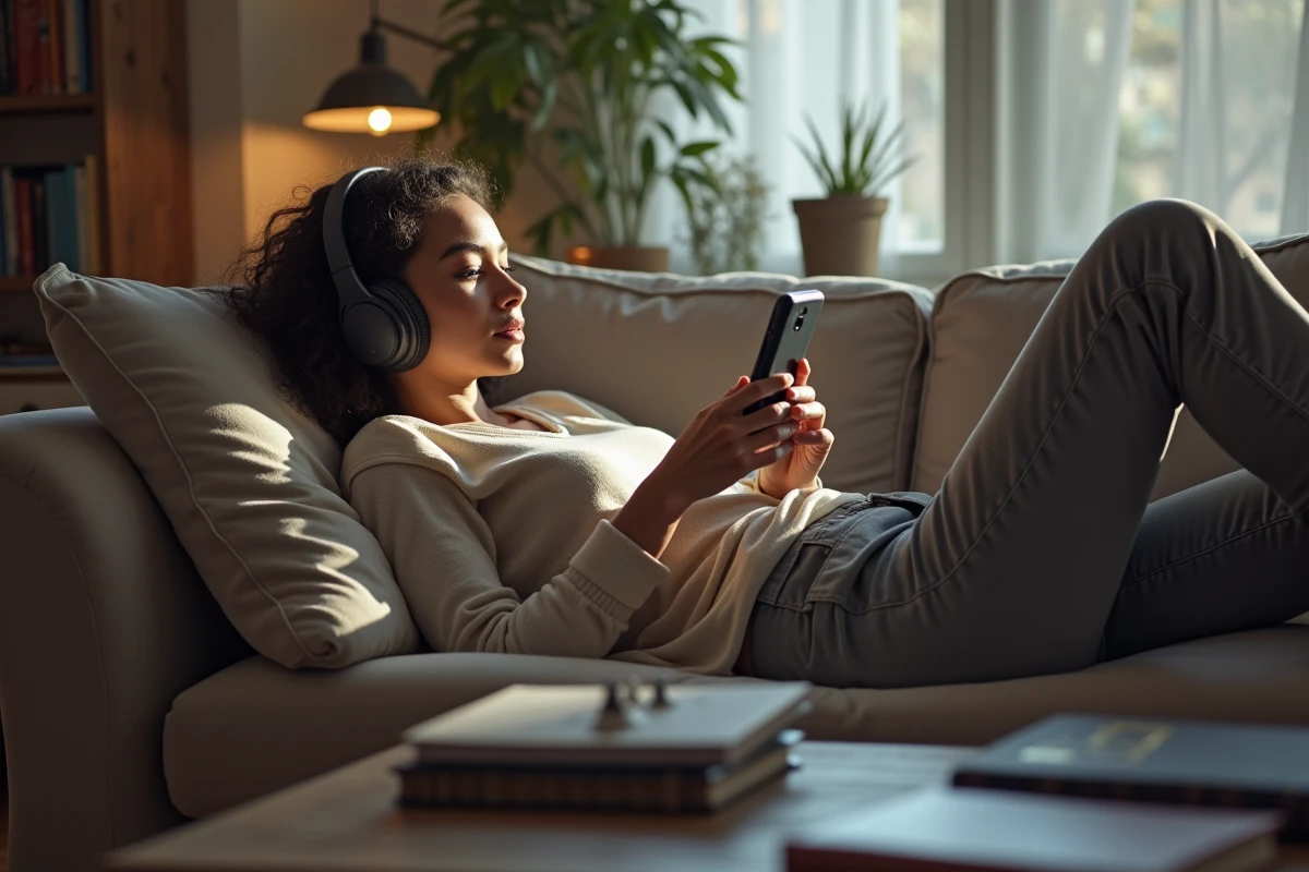 Femme écoutant un audiobook Warhammer avec des miniatures sur le sofa