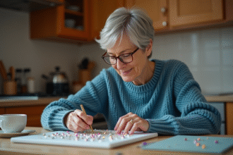 Femme créant un tableau de diamants dans sa cuisine chaleureuse