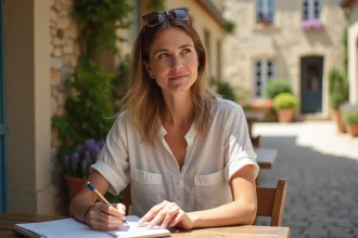 Femme écrivant dans un carnet en vacances dans un café de village français en été