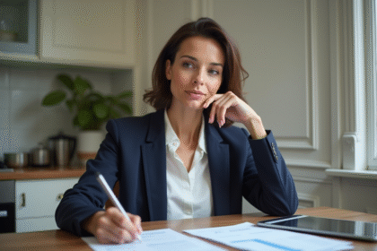 Femme française réfléchissant avec documents financiers