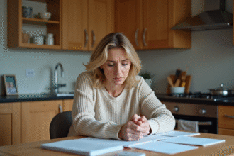 Femme d'âge moyen consulte ses factures à la maison