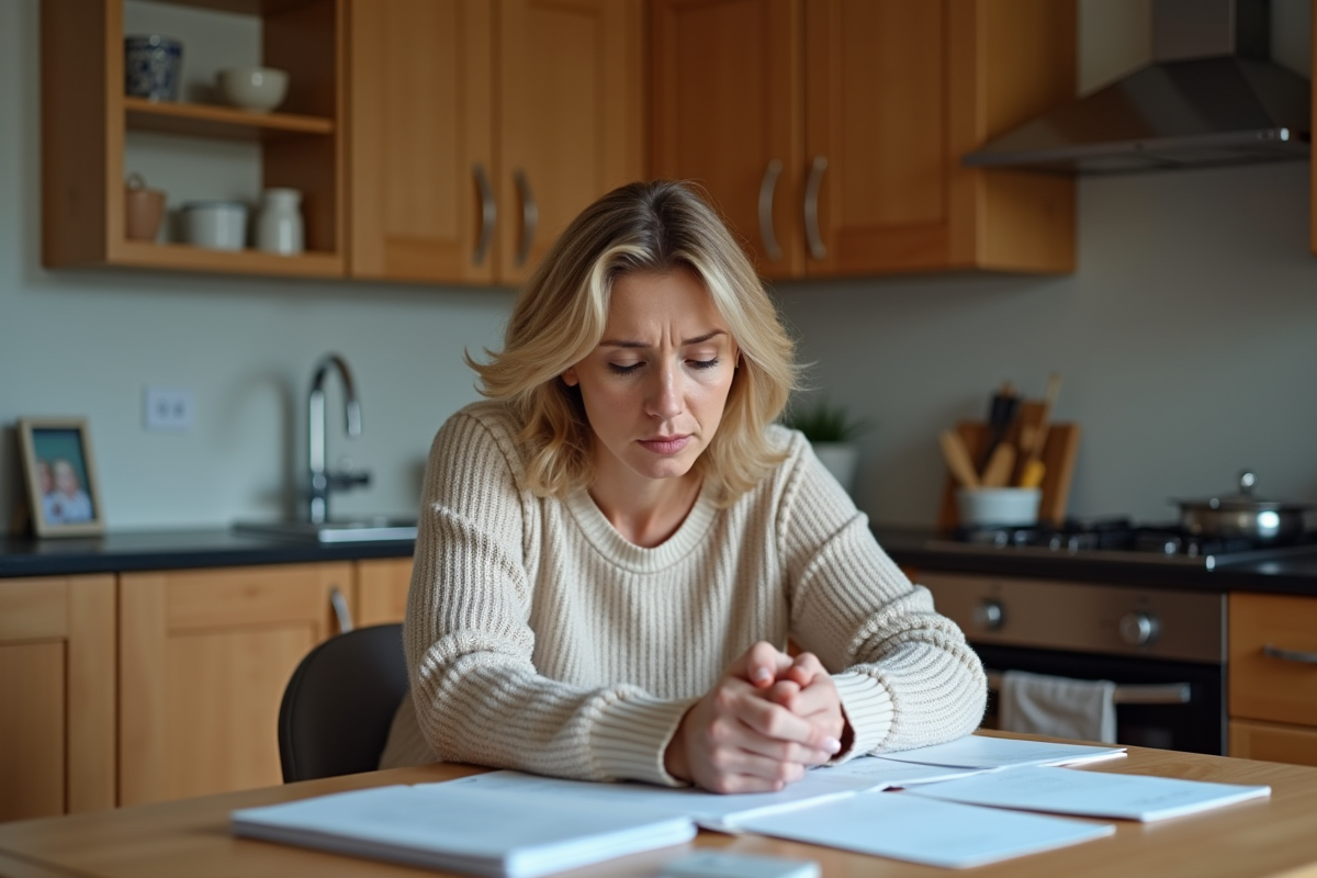 Femme d'âge moyen consulte ses factures à la maison