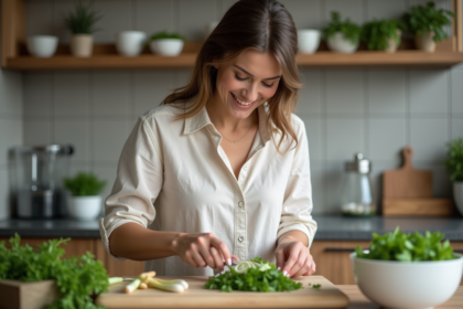 Femme arrangeant des herbes fraîches dans la cuisine