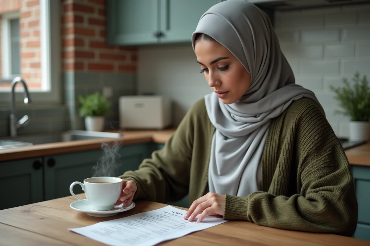 Femme consultant un tableau des horaires de prières islamiques sur papier dans une cuisine à Douai
