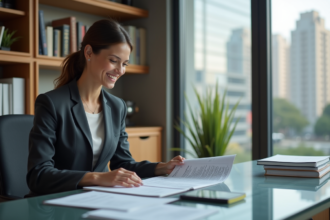 Femme en costume dans un bureau moderne pour un article immobilier