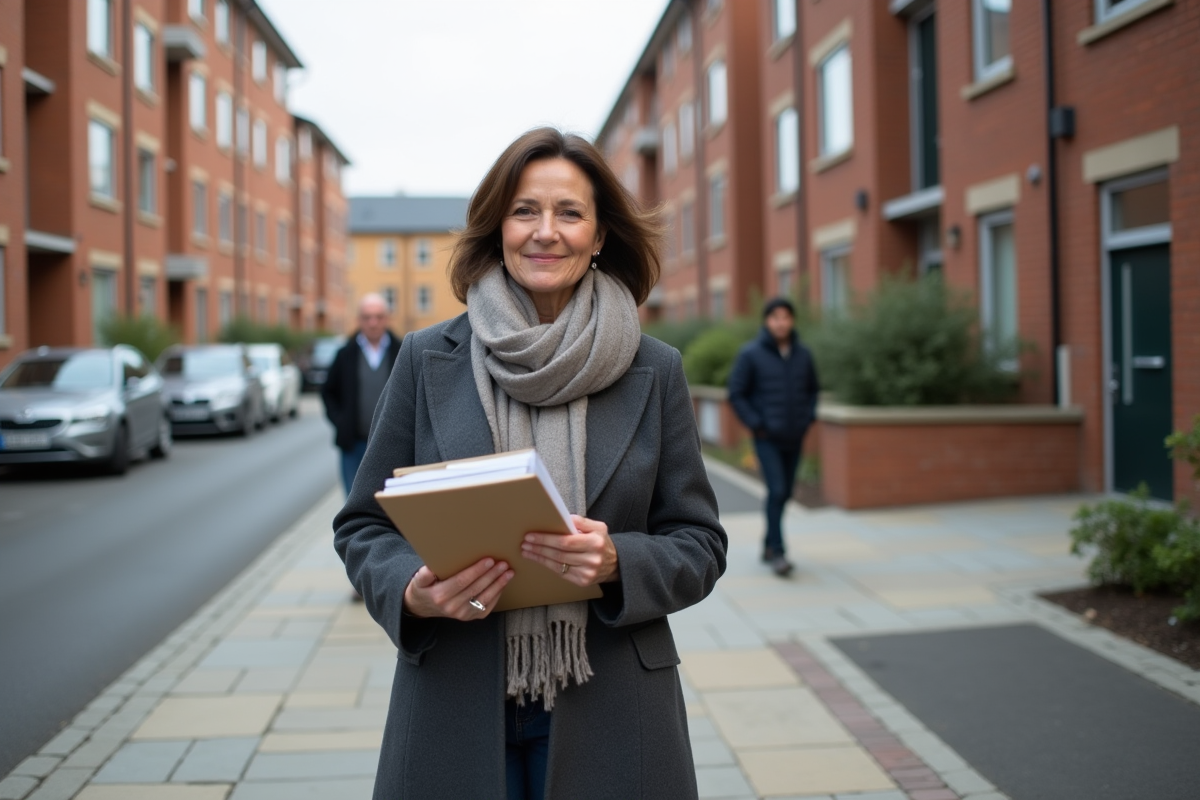 Femme avec brochure immobiliere devant immeuble en ville