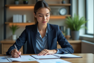 Femme confiante en costume bleu analysant des documents financiers