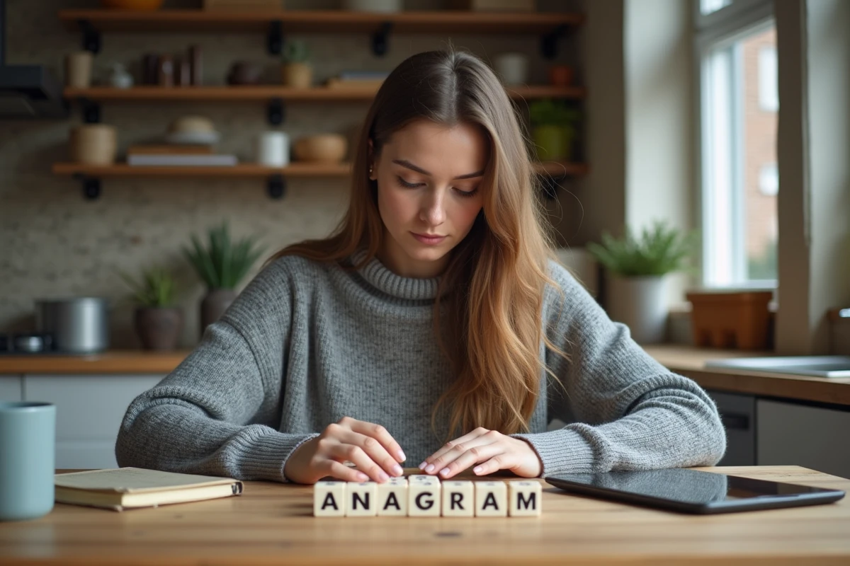 Femme en sweater gris jouant avec des lettres pour l'anagramme
