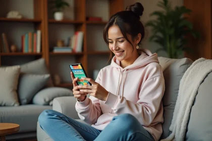 Jeune femme jouant à Monopoly Go sur son smartphone depuis son canapé
