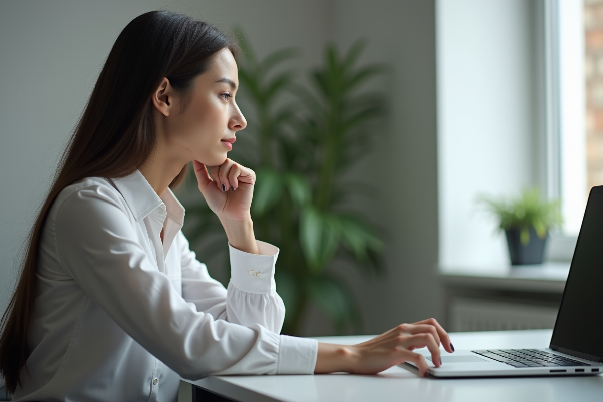 Femme professionnelle réfléchissant sur ses cours en ligne