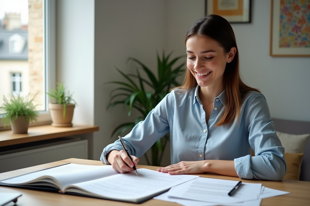 Jeune femme souriante examine des documents juridiques