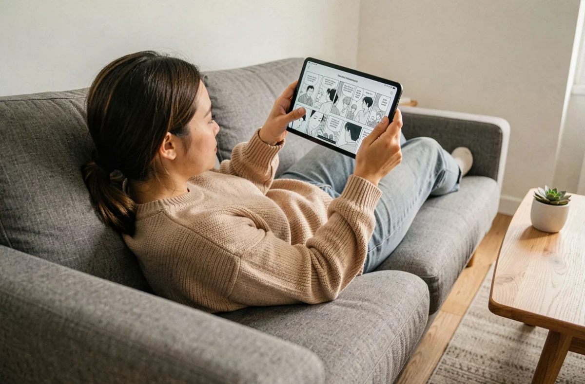 Jeune femme lisant des scans manga en version française sur une tablette allongée sur un canapé dans un appartement moderne
