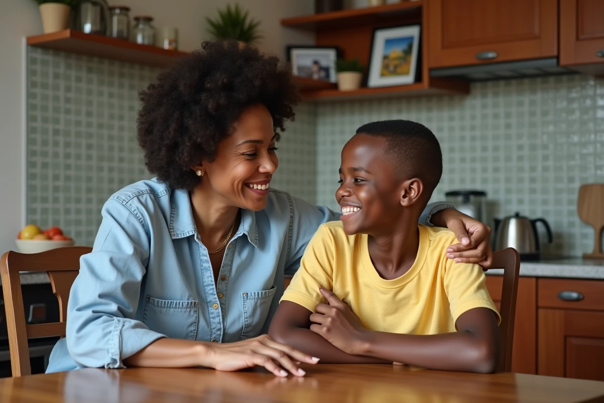 Femme et adolescente souriantes dans la cuisine familiale