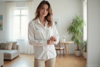 Jeune femme en tenue minimaliste dans un salon moderne