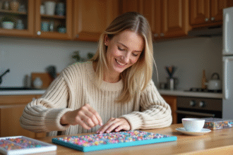 Femme souriante en sweater beige réalisant une peinture diamant